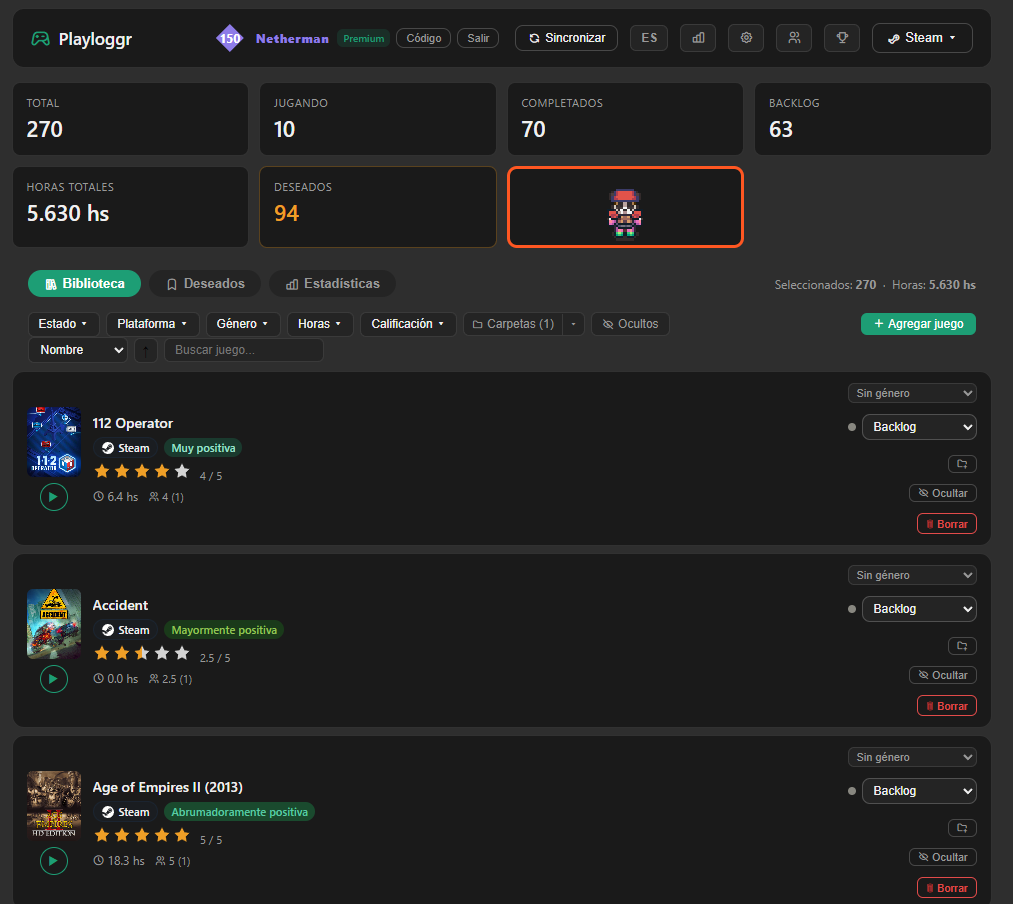 Game library in Playloggr, with filters by status, platform, and genre