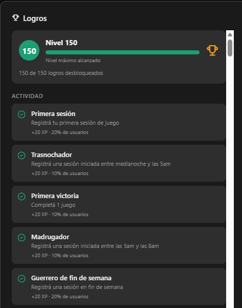Achievements and level panel in Playloggr